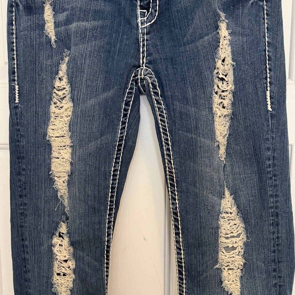 Dark Wash Distressed Women’s Jeans - Navy Blue - Picture 6 of 14